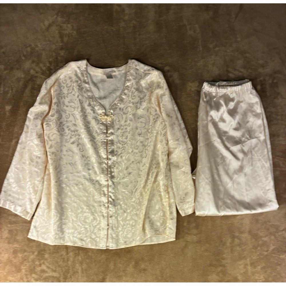 VTG Inner Most Womens Pajama Set L Ivory Floral Frog Closure Luxury Lounge 90s